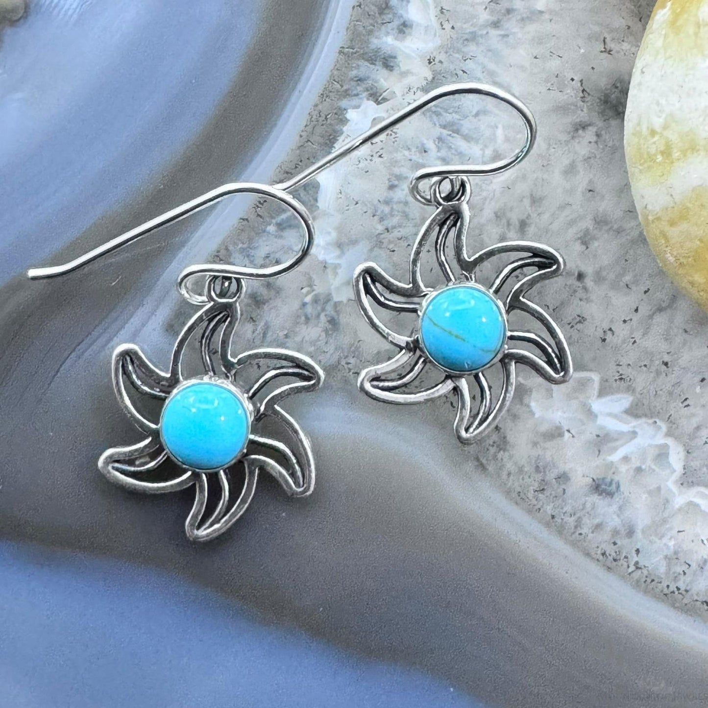 Sterling Silver Blue Turquoise Flower Dangle Earrings For Women