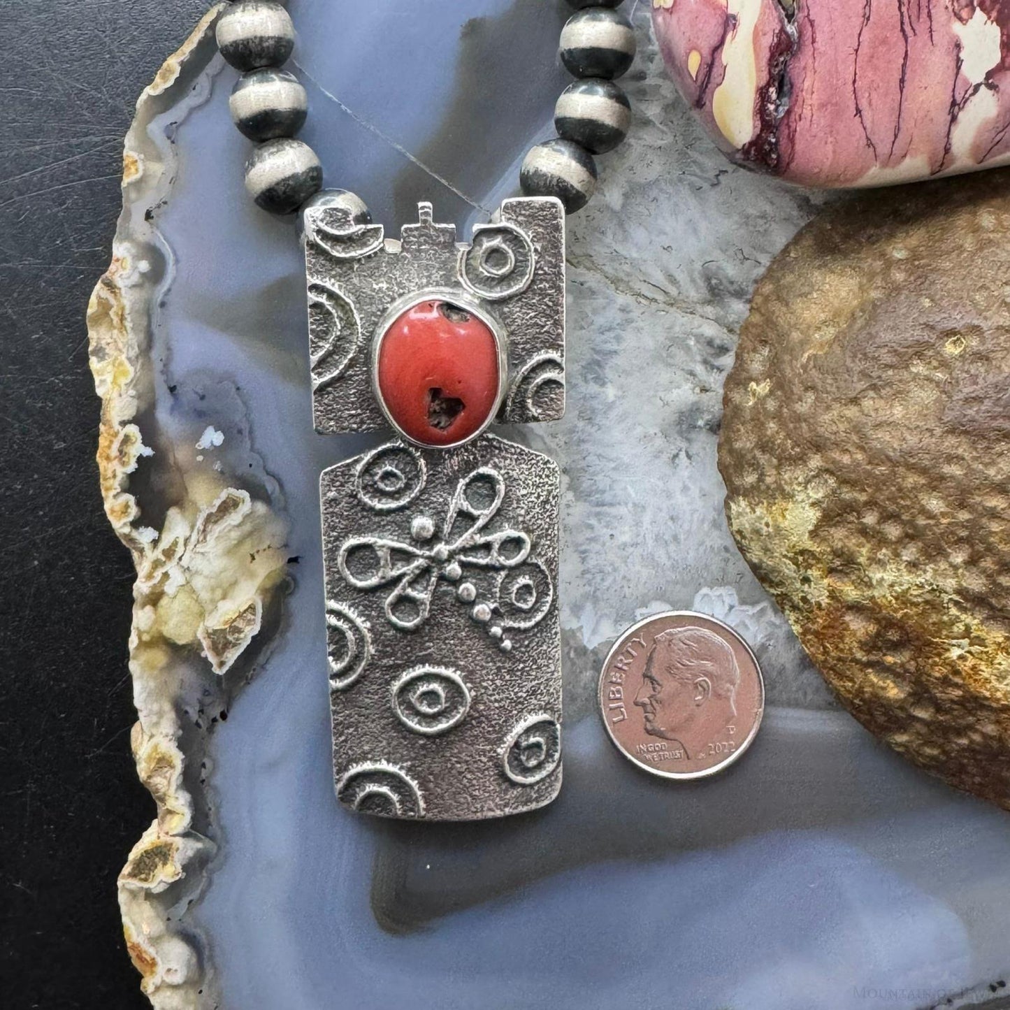 Cordell Pajarito Sterling  Silver Mediterranean Coral Tufa Cast Decorated Unisex Pendant