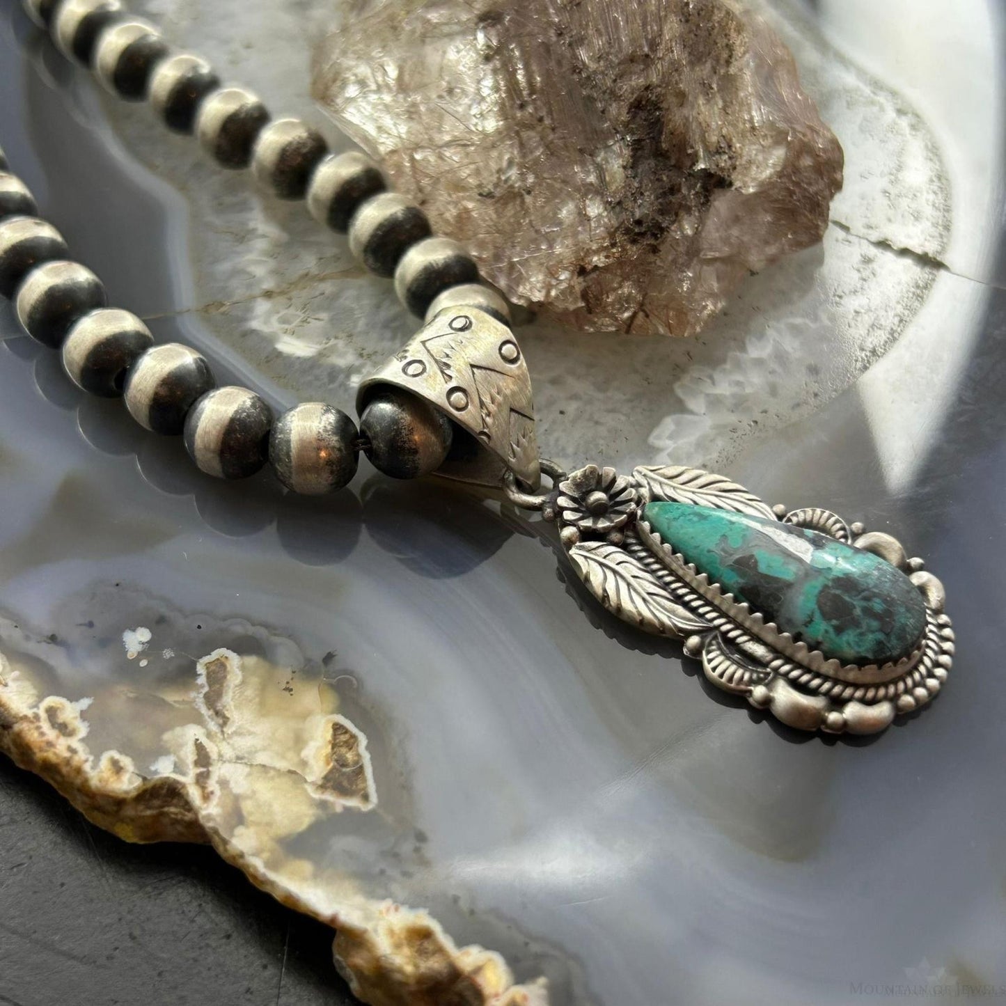 Sterling Silver Southwestern Style Teardrop Matrix Turquoise Decorated Pendant For Women