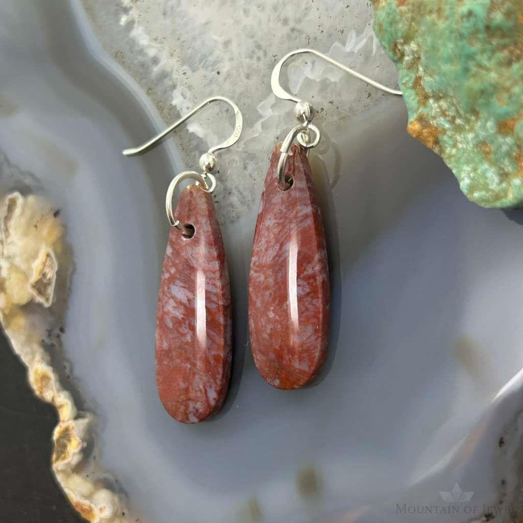 Sterling Silver Teardrop Plum Moss Agate Slab Dangle Earrings For Women #534