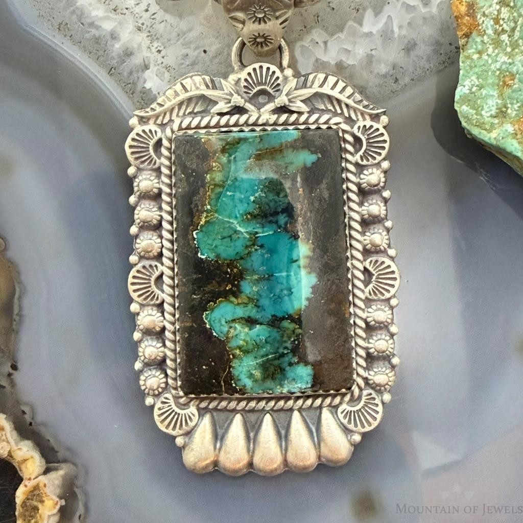 Sterling Silver Southwestern Style Rectangle Blackjack Turquoise Decorated Pendant
