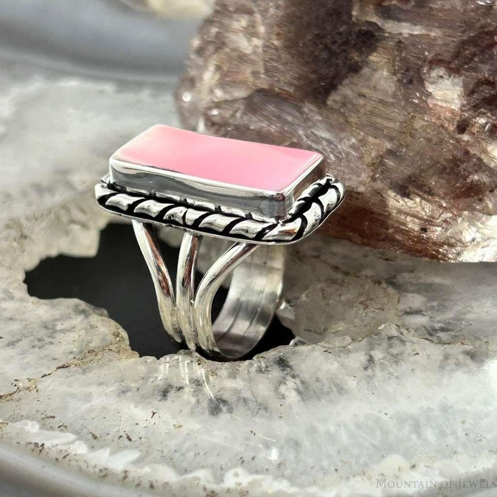 Native American Sterling Silver Rectangle Pink Conch Bar Ring Size 7 For Women