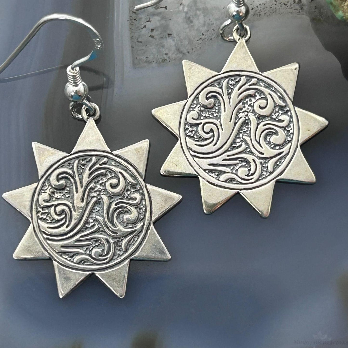 Carolyn Pollack Southwestern Style Sterling Silver Sun w/Swirl Engraved Dangle Earrings