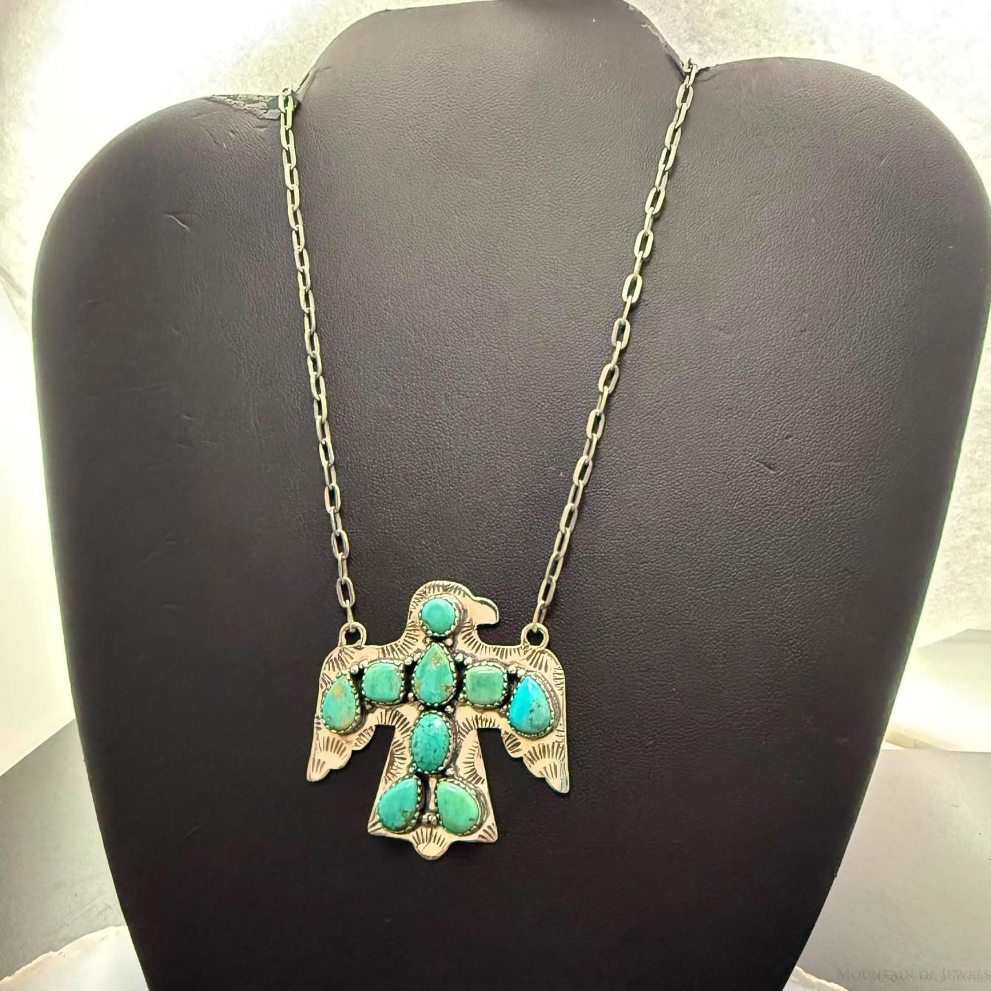 Sterling Silver Southwestern Style Kingman Turquoise Thunderbird Pendant Necklace #2
