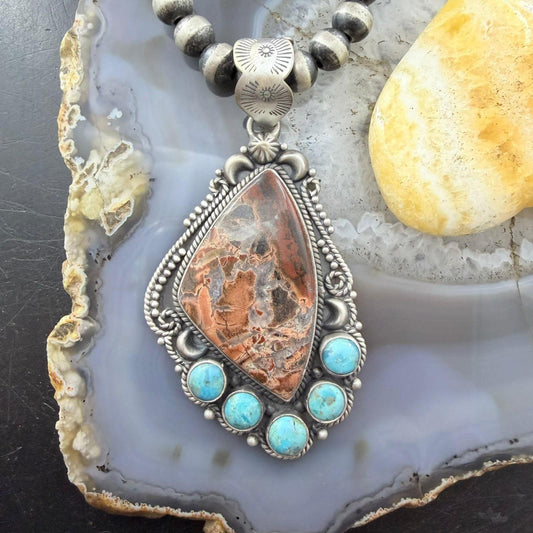Sterling Silver Southwestern Style Dendritic Jasper & Turquoise Pendant For Women