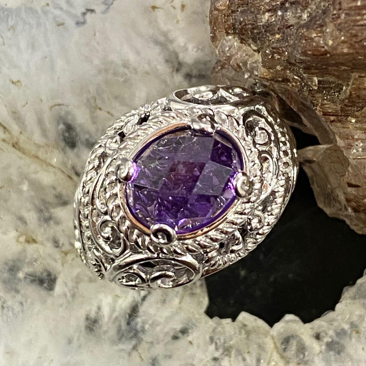 Carolyn Pollack Sterling Silver Oval Faceted Amethyst Decorated Ring For Women