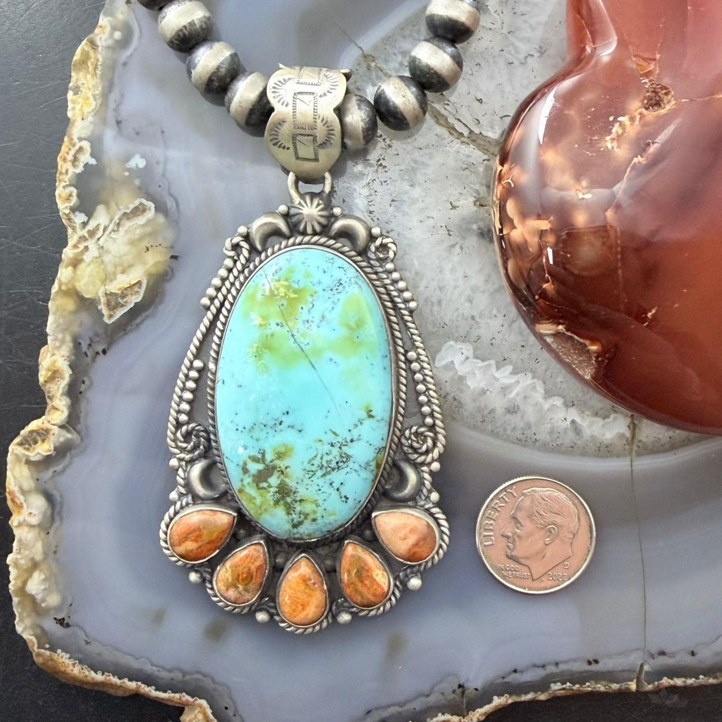 Sterling Silver Southwestern Style Oval Turquoise & Spiny Oyster Pendant For Women