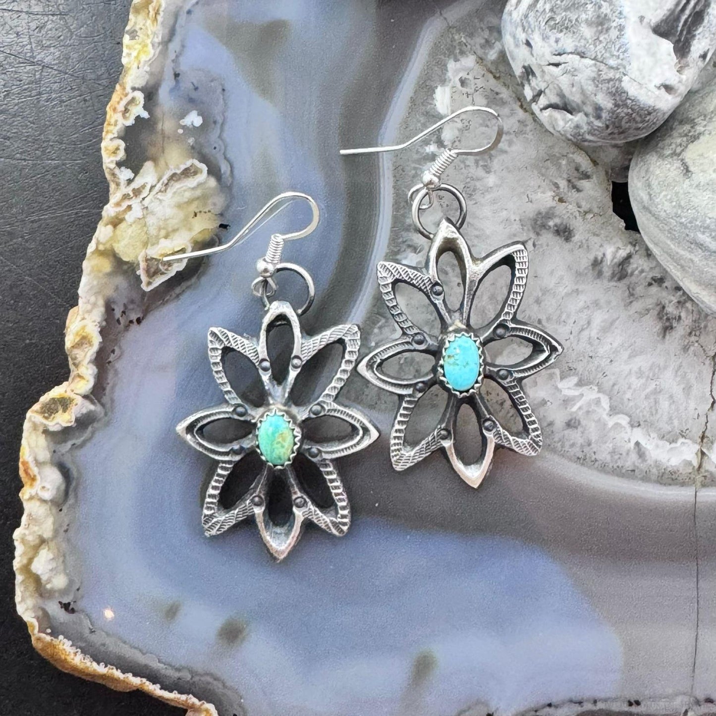 Linberg Billah Native American Sterling Silver Turquoise Sandcast Dangle Earrings For Women