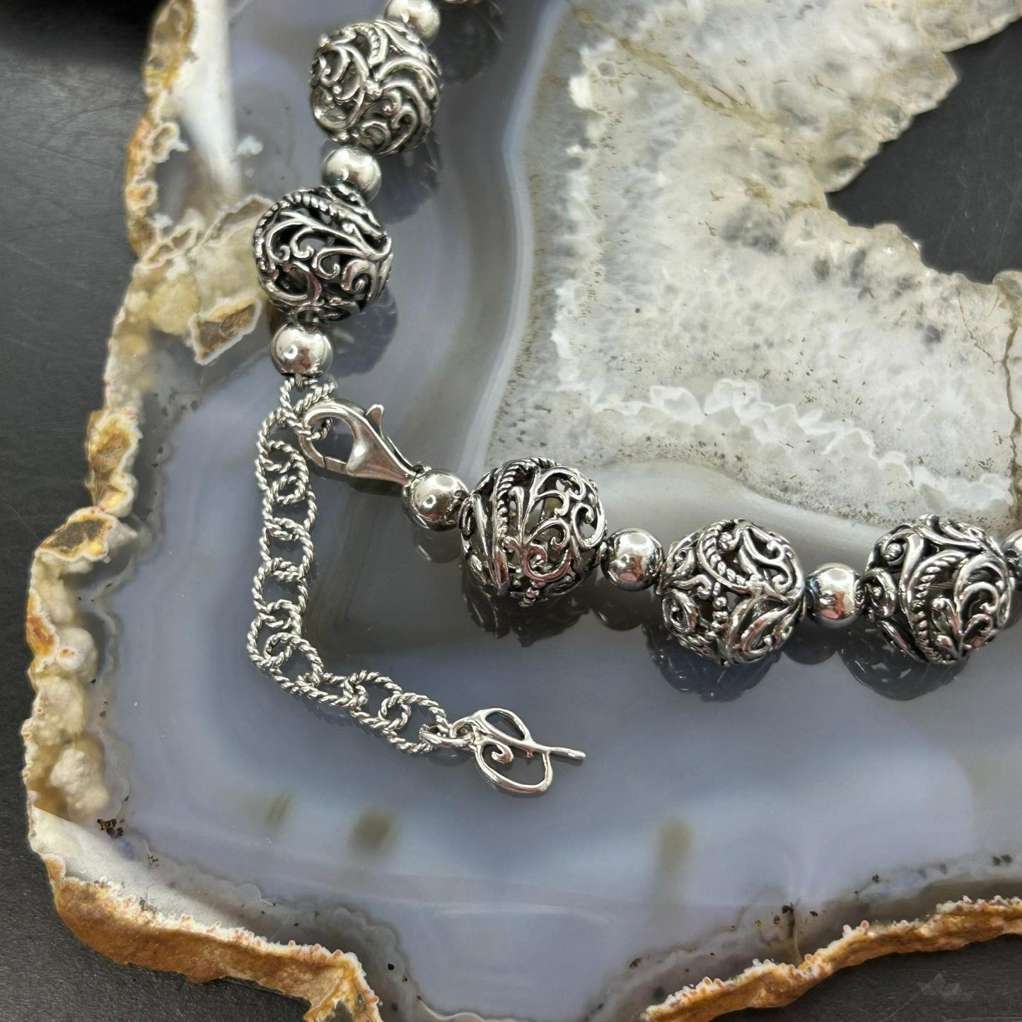 Carolyn Pollack Sterling Silver Decorated Swirl Hallow Beaded Necklace For Women