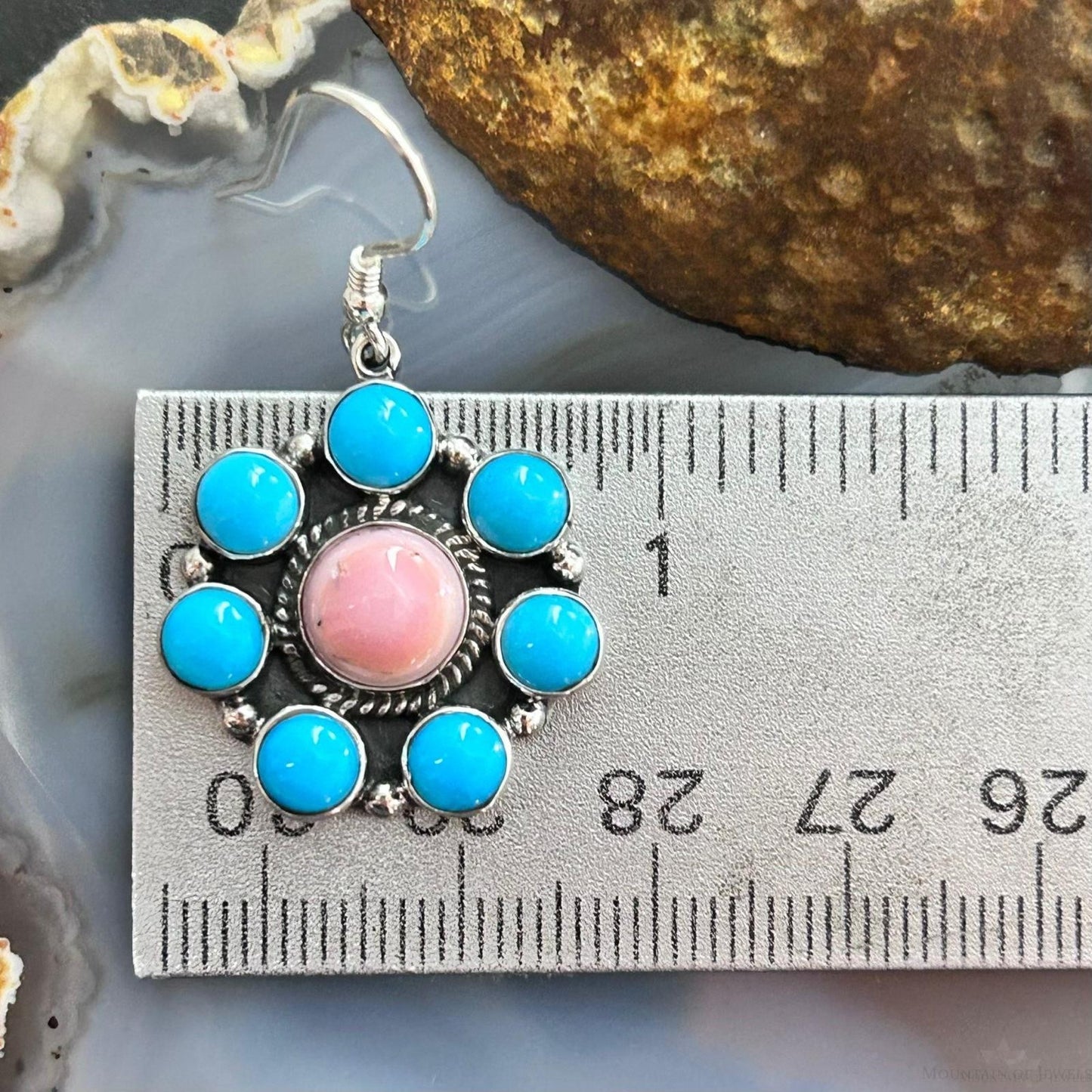 Native American Sterling Silver & Turquoise, Pink Conch Cluster Dangle Earrings For Women