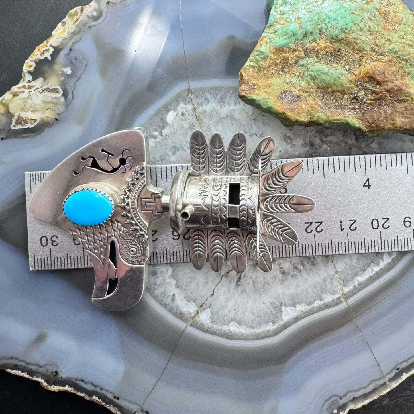 Vintage Elvis Nelson Native American Sterling Silver Kachina Eagle w/Turquoise Unisex Pendant