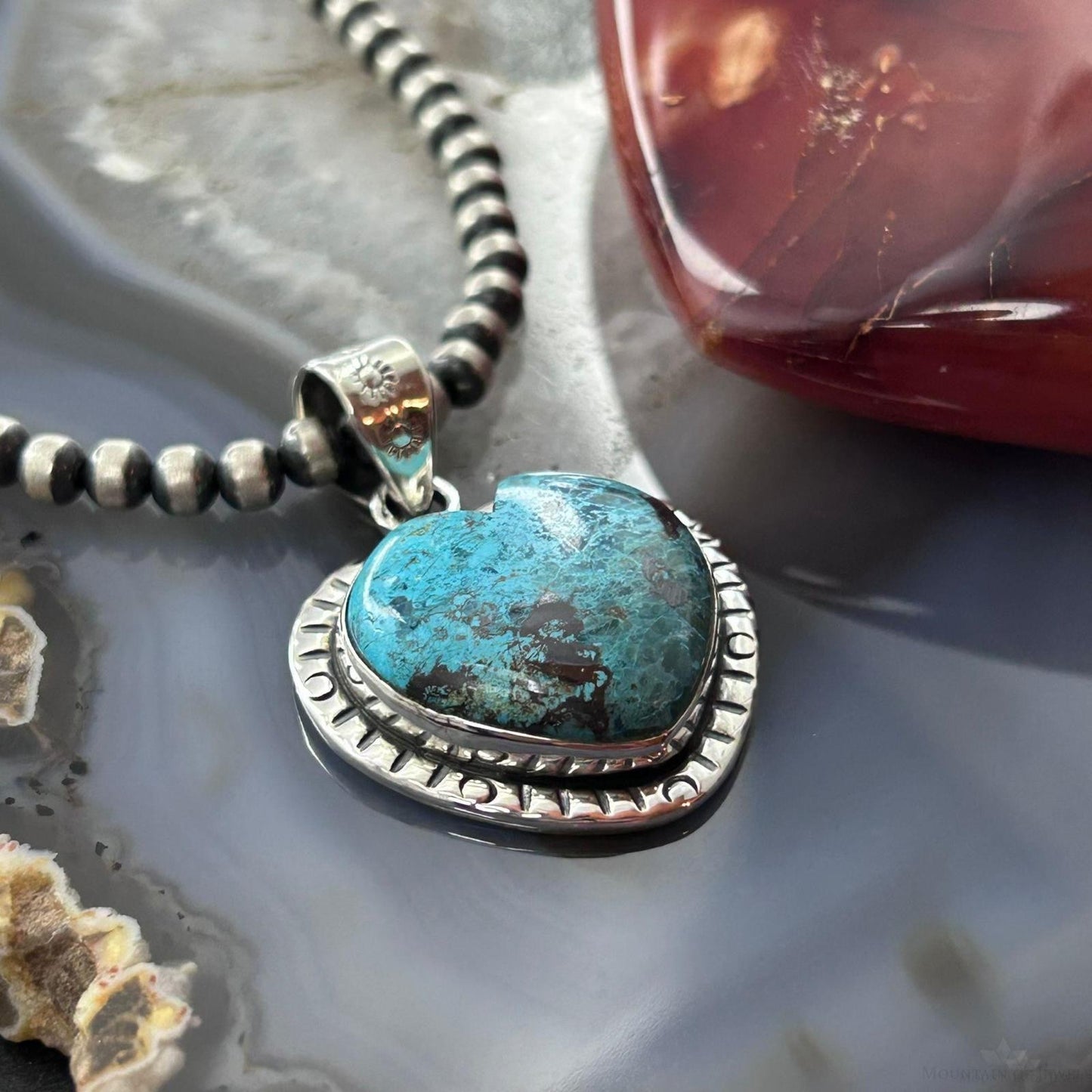 Sterling Silver Southwestern Style Chrysocolla Heart Decorated Pendant For Women