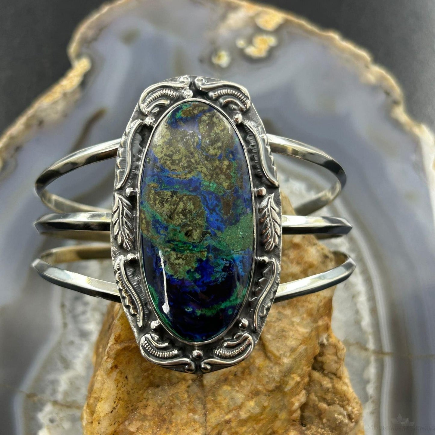 Sterling Silver Southwestern Style Large Oval Azurite Malachite Bracelet For Women