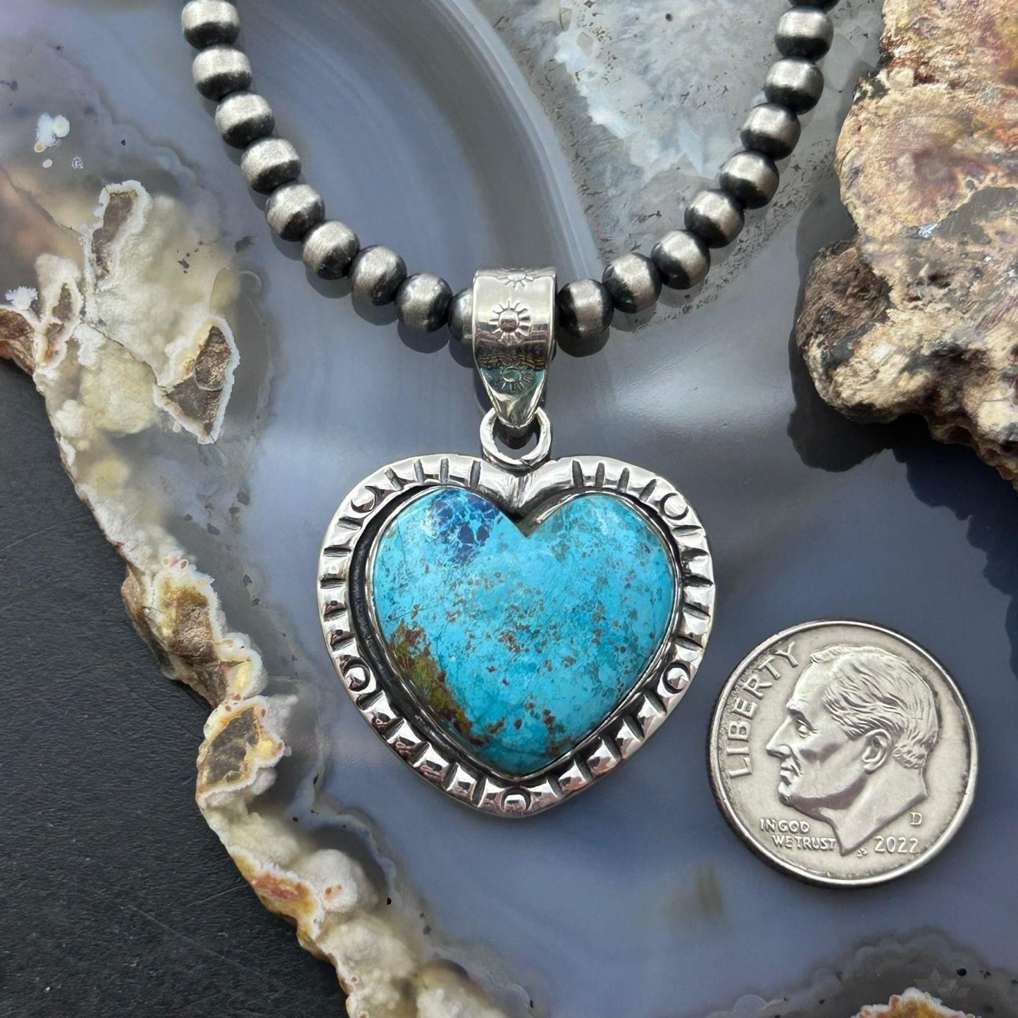 Sterling Silver Southwestern Style Chrysocolla Decorated Heart Pendant For Women