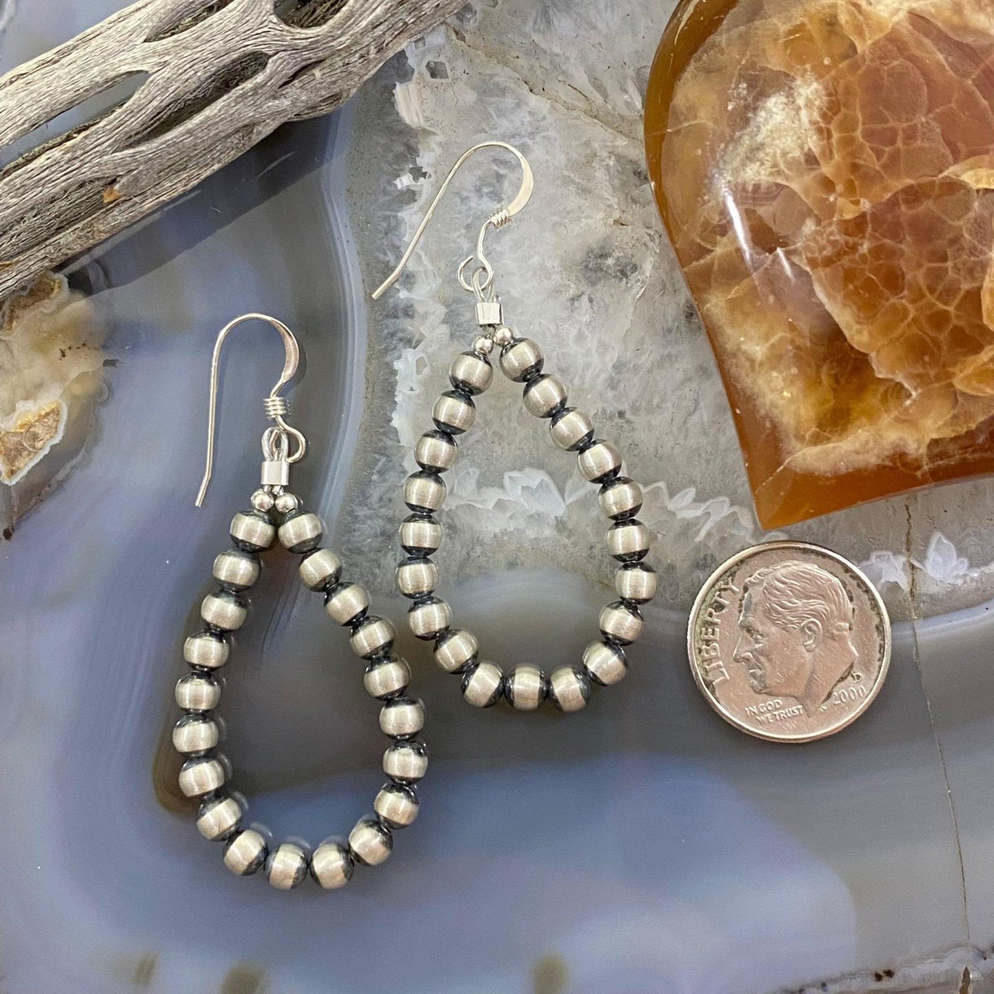 Navajo Pearl Beads 4 mm Sterling Silver Hoop Dangle Earrings For Women #2