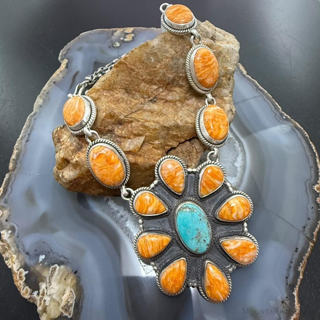 Sterling Silver Southwestern Style Spiny Oyster & Turquoise Cluster Lariat 22" Necklace For Women