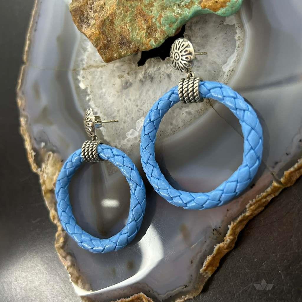 Carolyn Pollack Sterling Silver Light Blue Braided Leather Hoop Earrings For Women