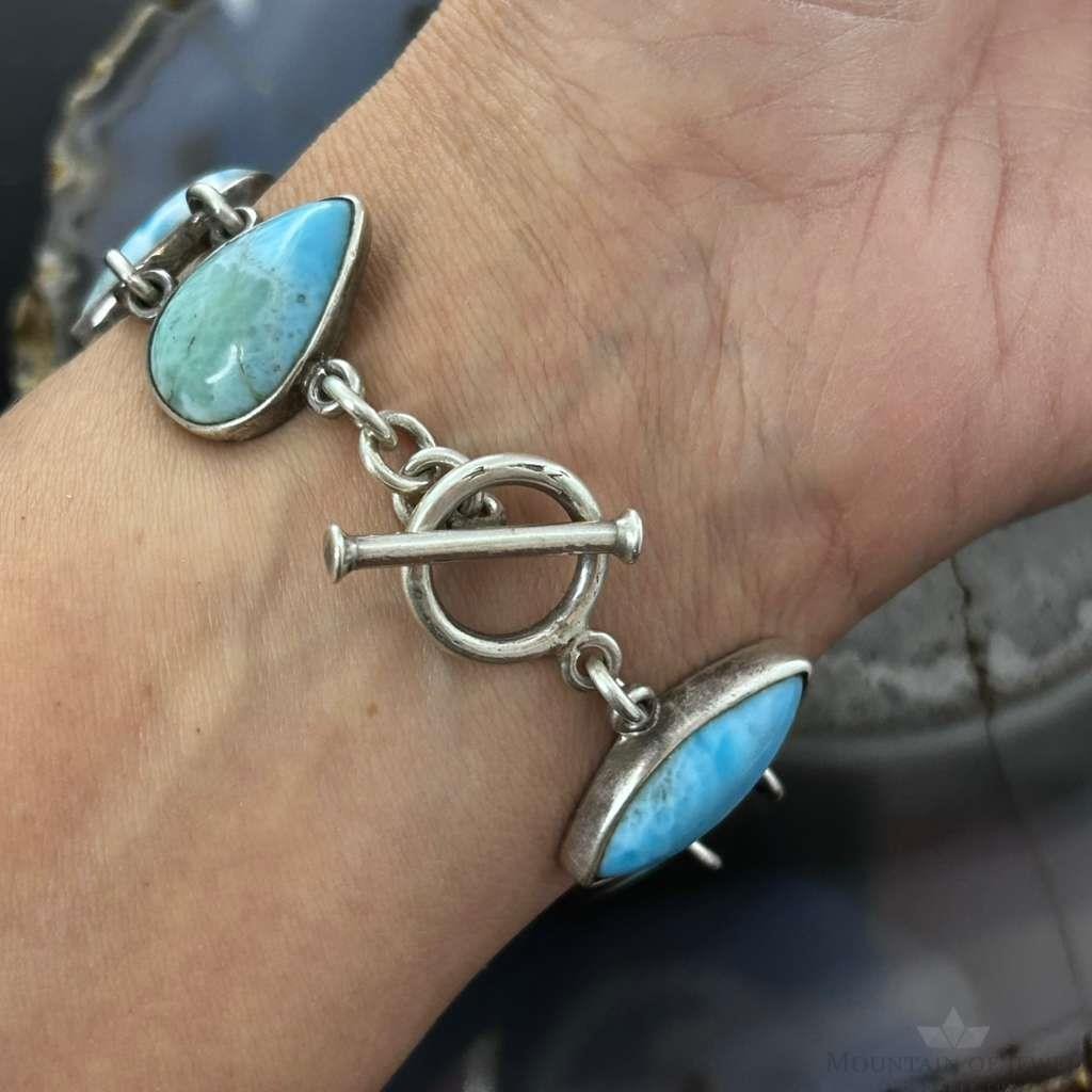 Sterling Silver Multi Shape Larimar Toggle Clasp Fashion Link Bracelet For Women