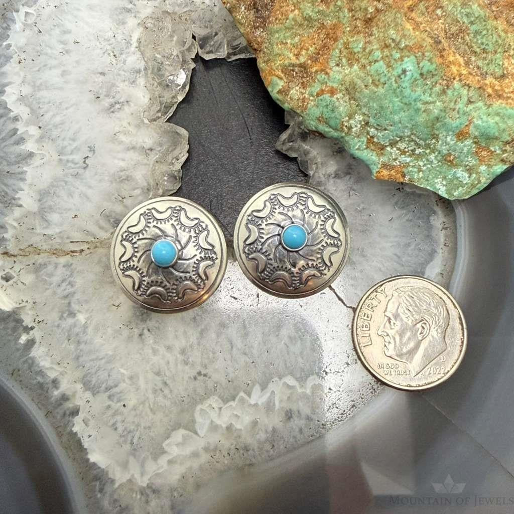Native American Sterling Silver Stamped Rounded Concho w/Turquoise Stud Earrings For Women