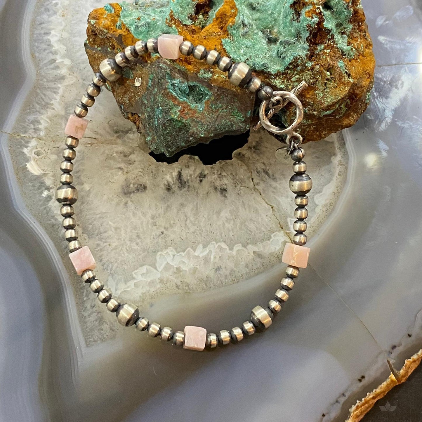 Native American Sterling Navajo Pearl & Peruvian Pink 3-5 mm Bead 7.5" Bracelet