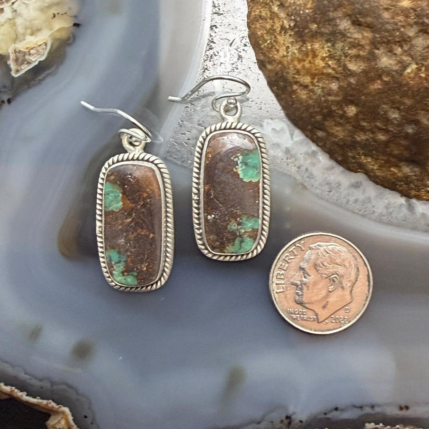 Sterling Silver Southwestern Style Rectangle Royston Turquoise Dangle Earrings For Women