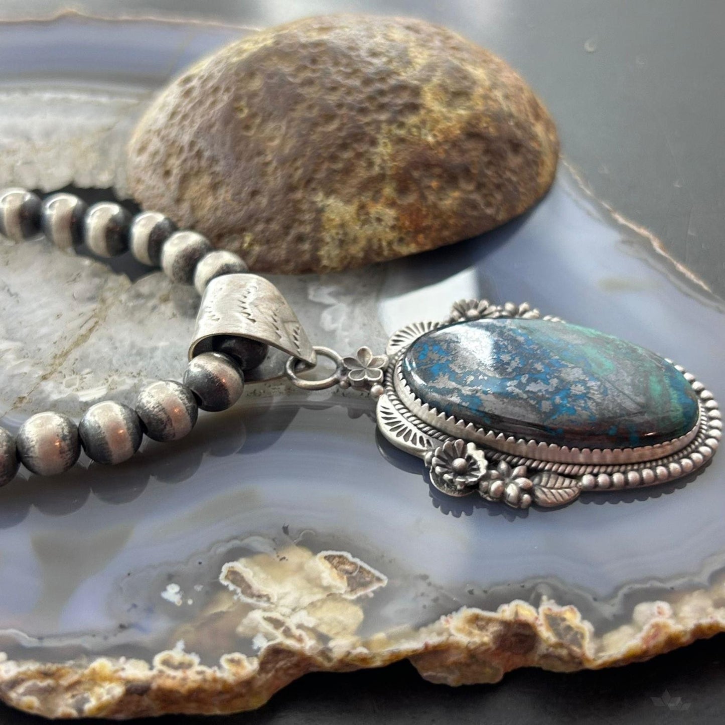 Sterling Silver Southwestern Style Oval Chrysocolla Decorated Pendant For Women