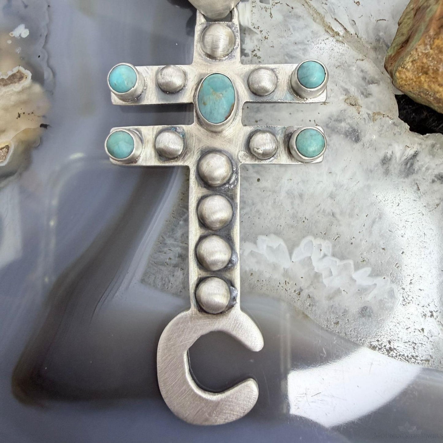 Sterling Silver Southwestern Style Cross with Turquoise Decorated Unisex Pendant
