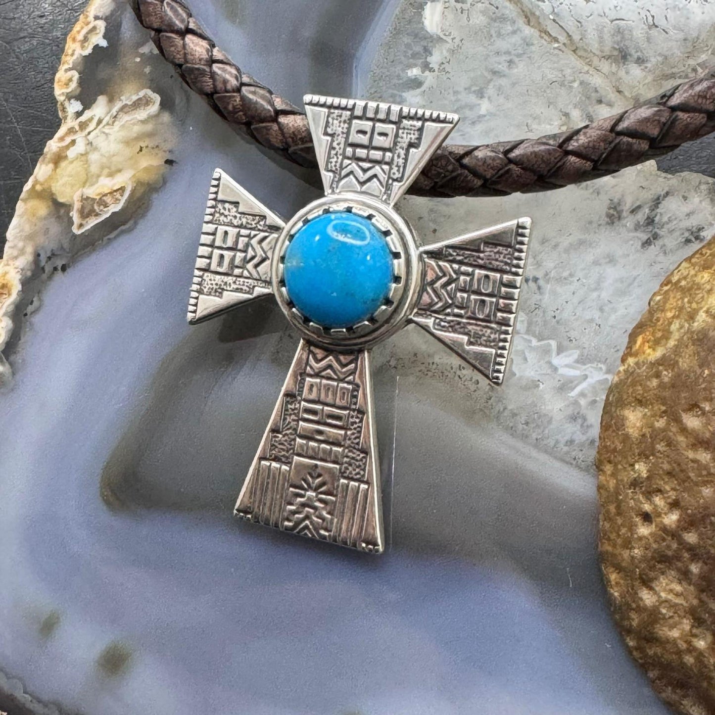 Carolyn Pollack Sterling Silver Round Turquoise Decorated Unisex Cross Pendant