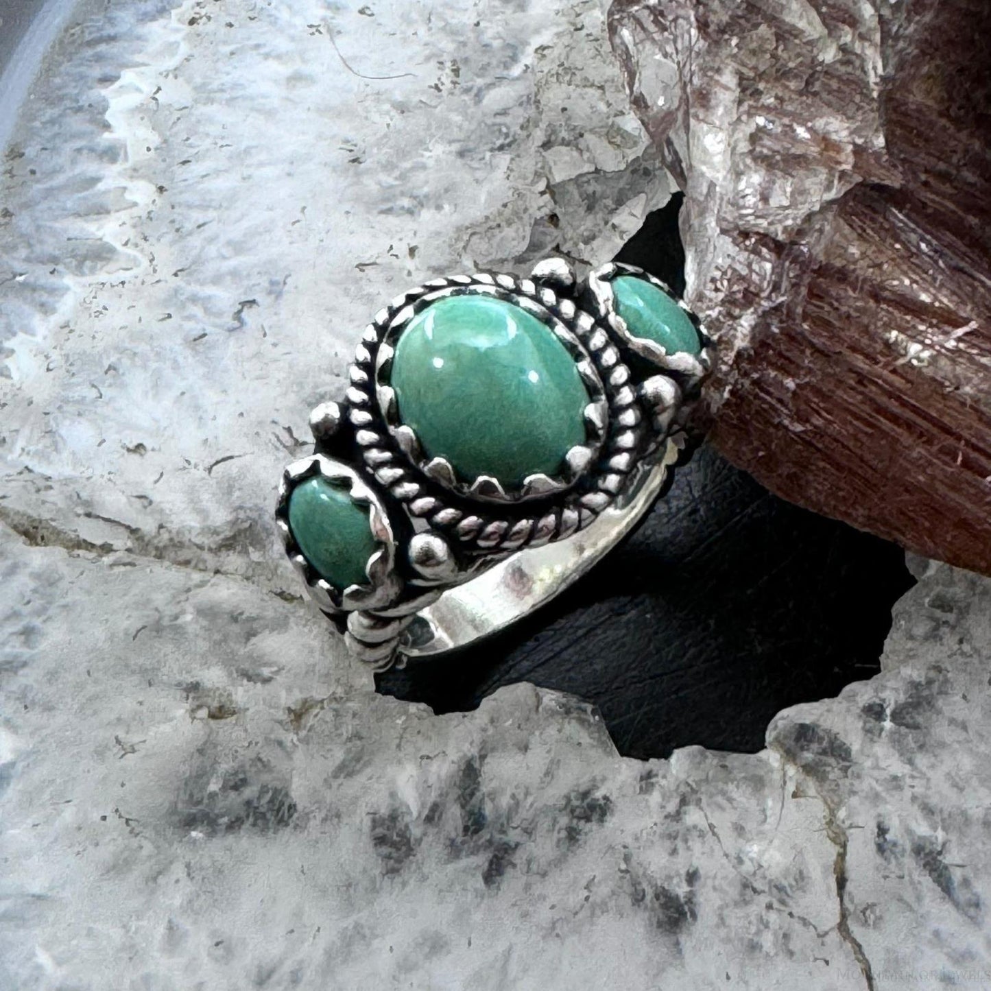 Carolyn Pollack Sterling Silver 3 Oval Green Turquoise Decorated Ring For Women