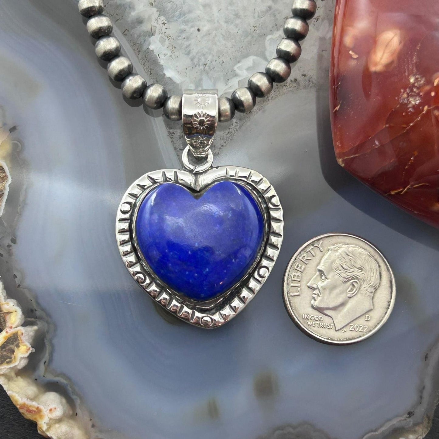 Sterling Silver Southwestern Style Lapis Heart Decorated Pendant For Women #1