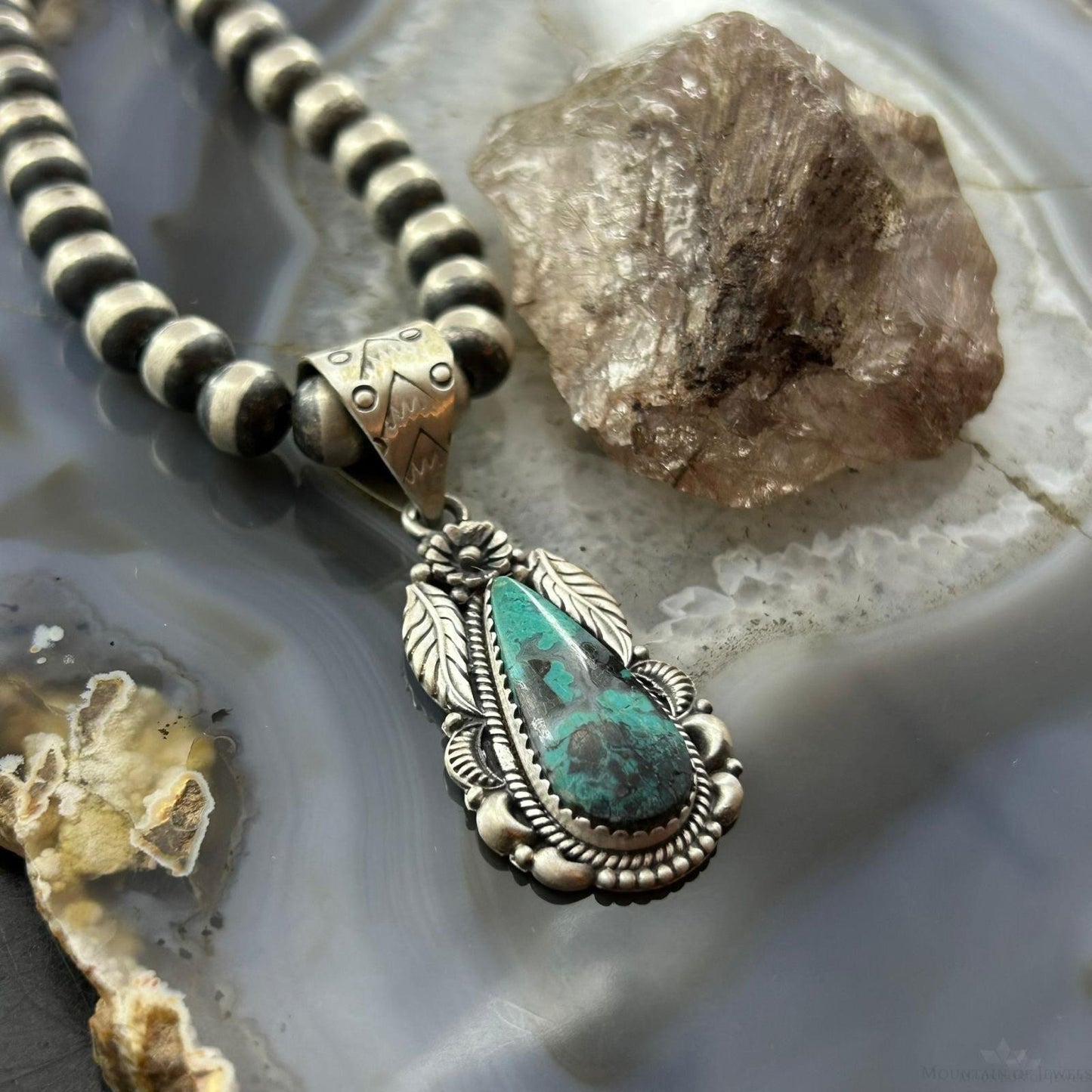 Sterling Silver Southwestern Style Teardrop Matrix Turquoise Decorated Pendant For Women