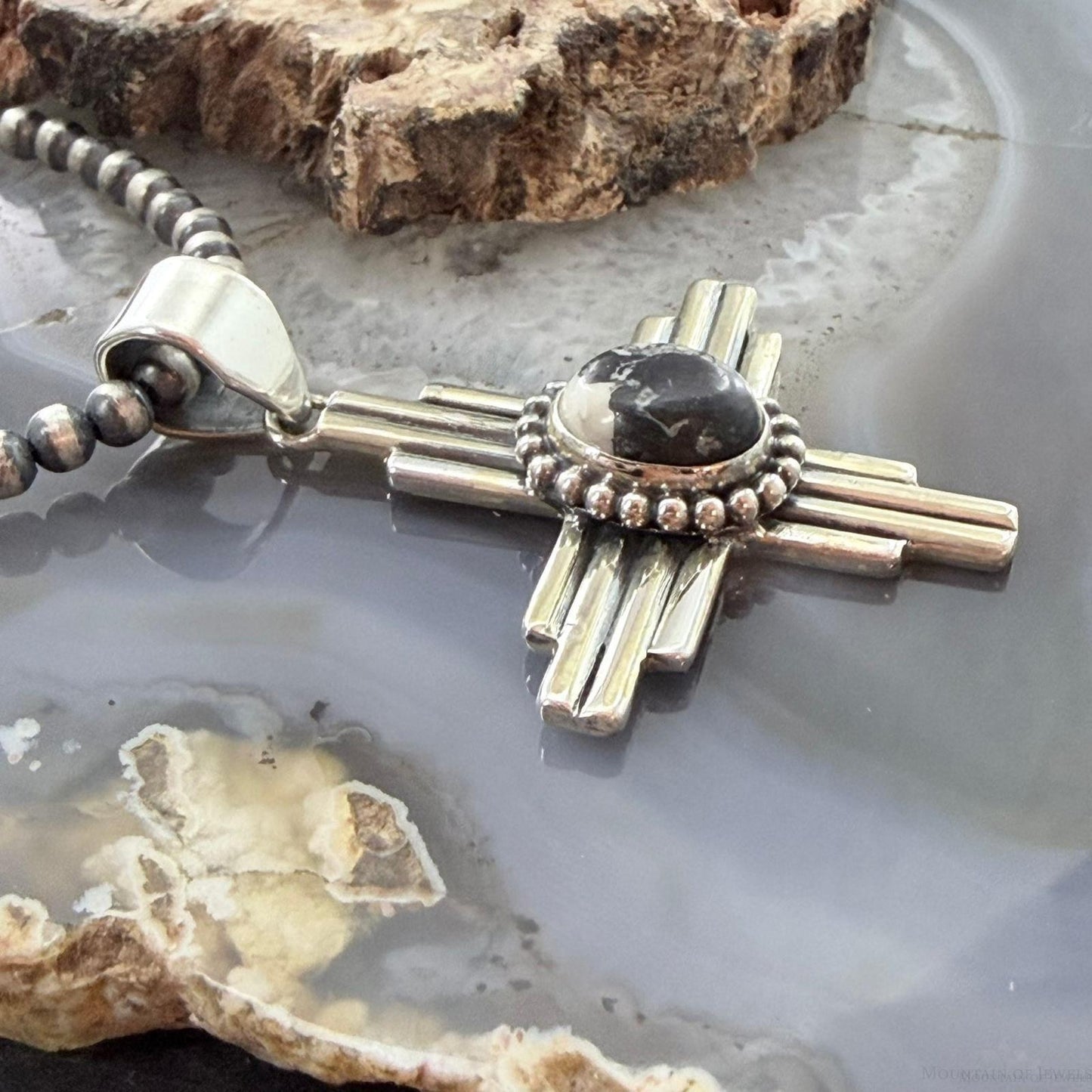 Sterling Silver Southwestern Style Oval White Buffalo Unisex Zia Pendant