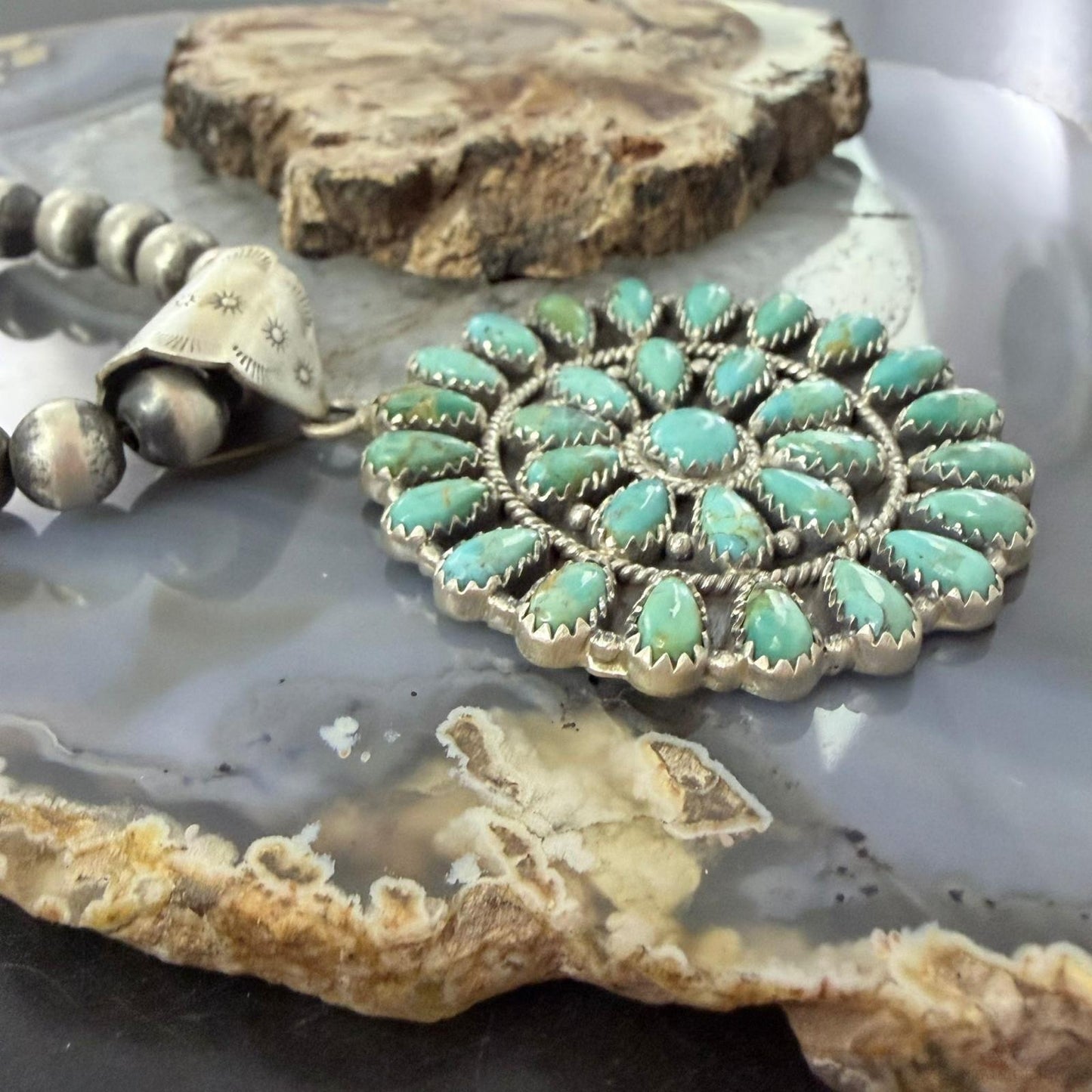 Sterling Silver Southwestern Style Teardrop Mohave Turquoise Round Cluster Pendant