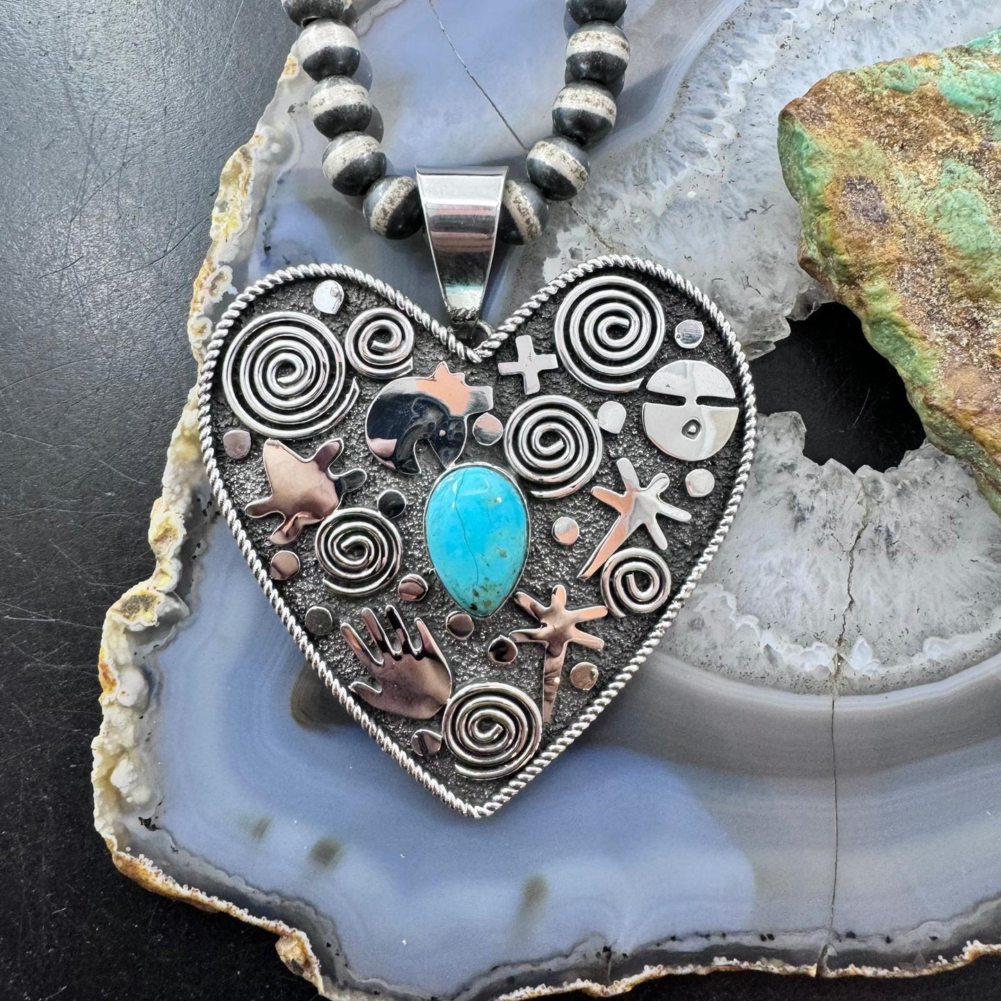 Alex Sanchez Sterling Silver Turquoise Petroglyph Heart Shape Pendant For Women