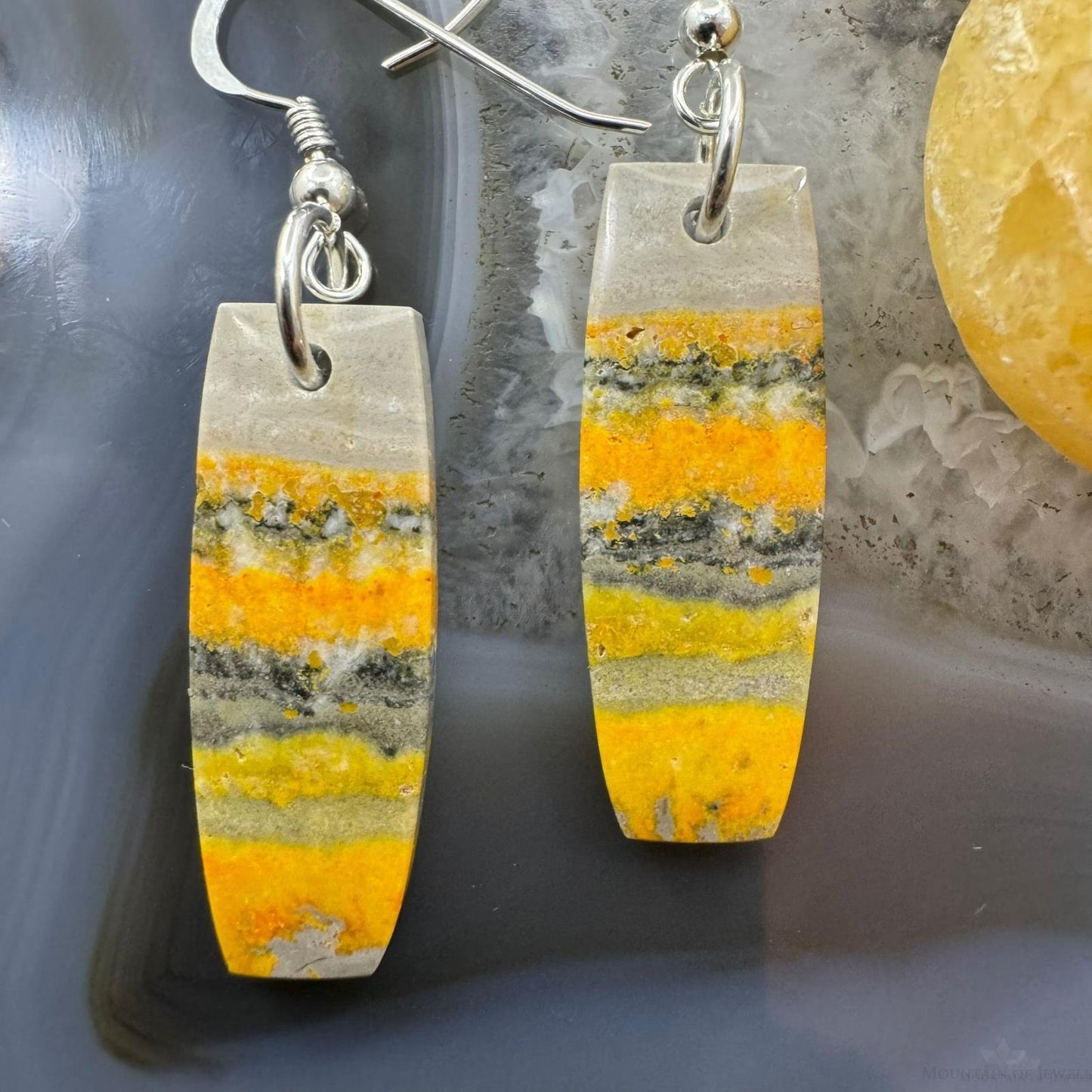 Sterling Silver Elongated Barrel Bumblebee Jasper Slab Dangle Earrings For Women #204