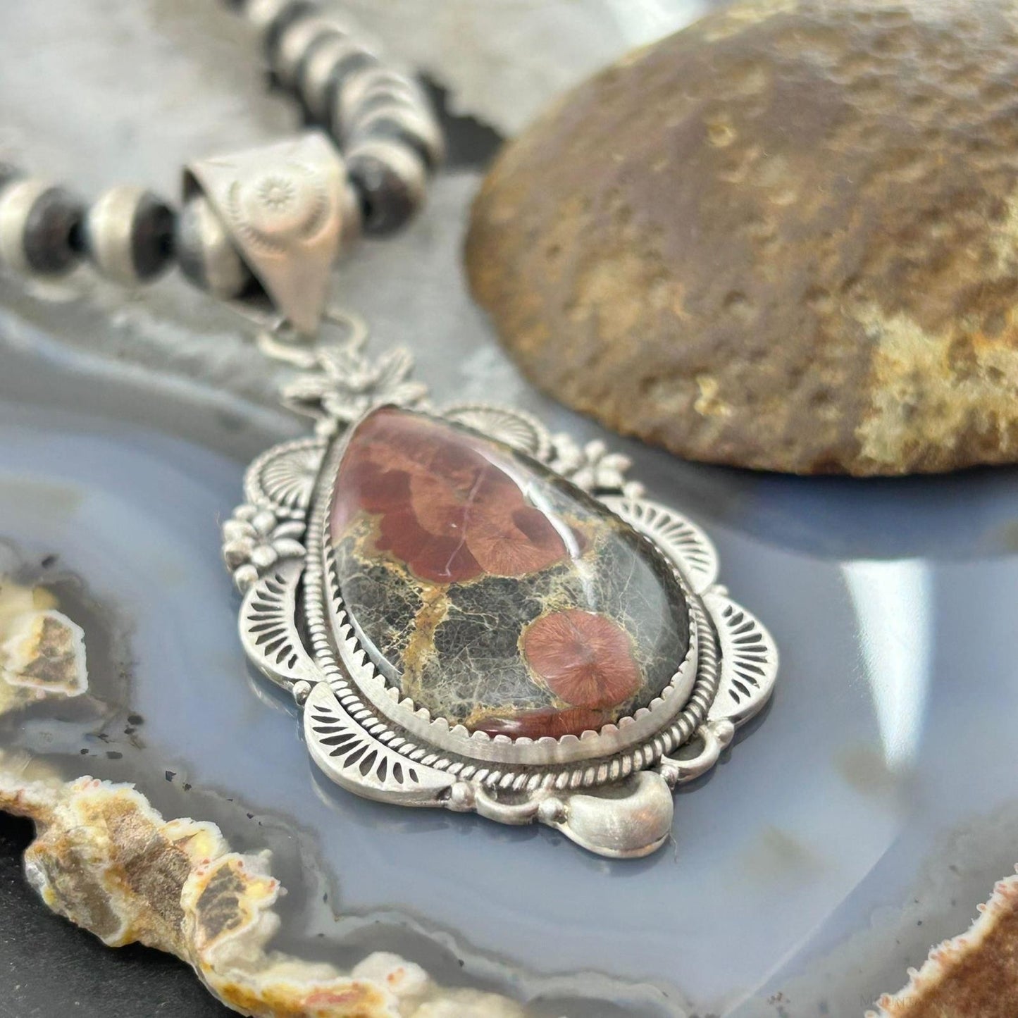 Sterling Silver Southwestern Style Peanut Obsidian Decorated Pendant For Women