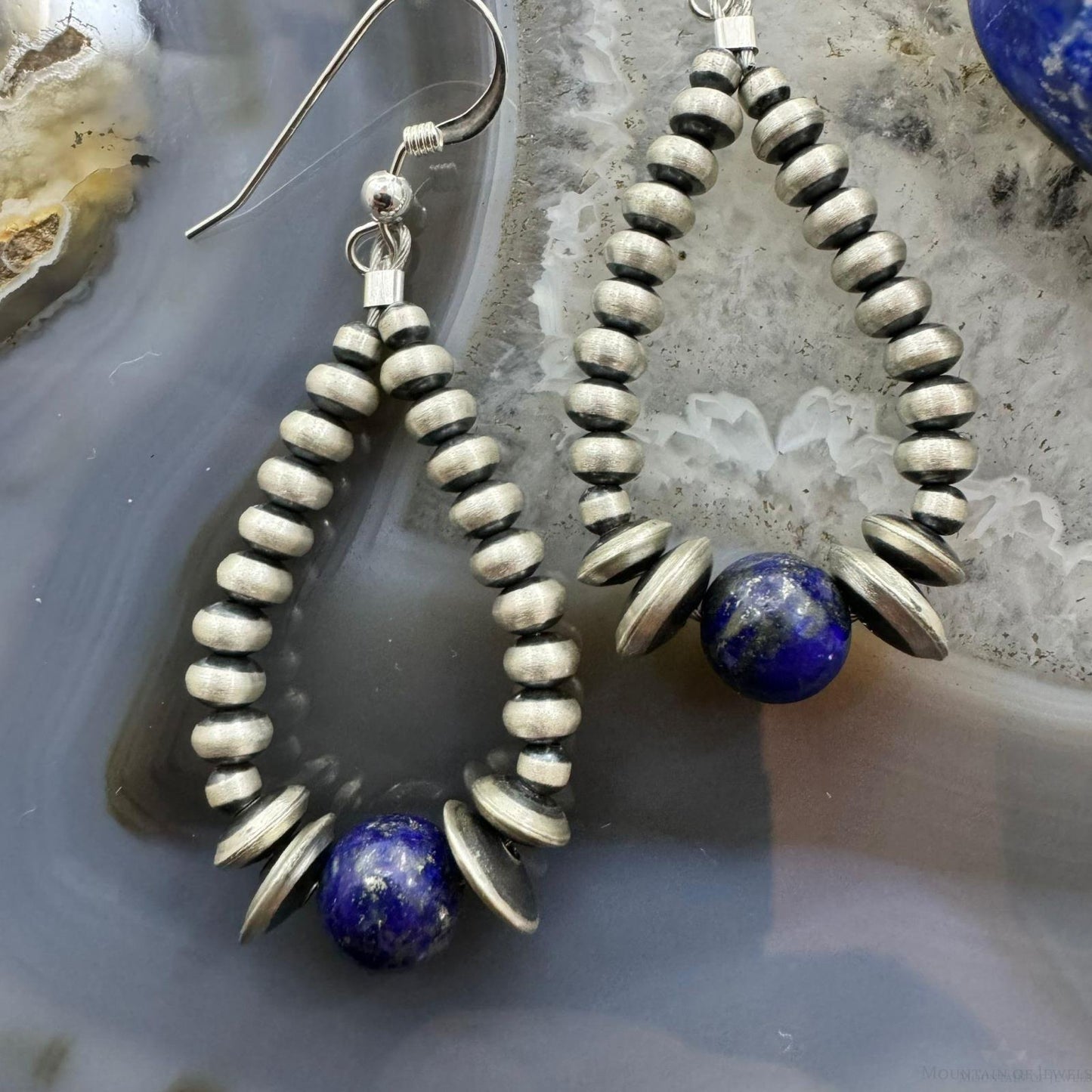 Sterling Silver Graduated Navajo Pearl Beads & Lapis Hoop Dangle Earrings For Women