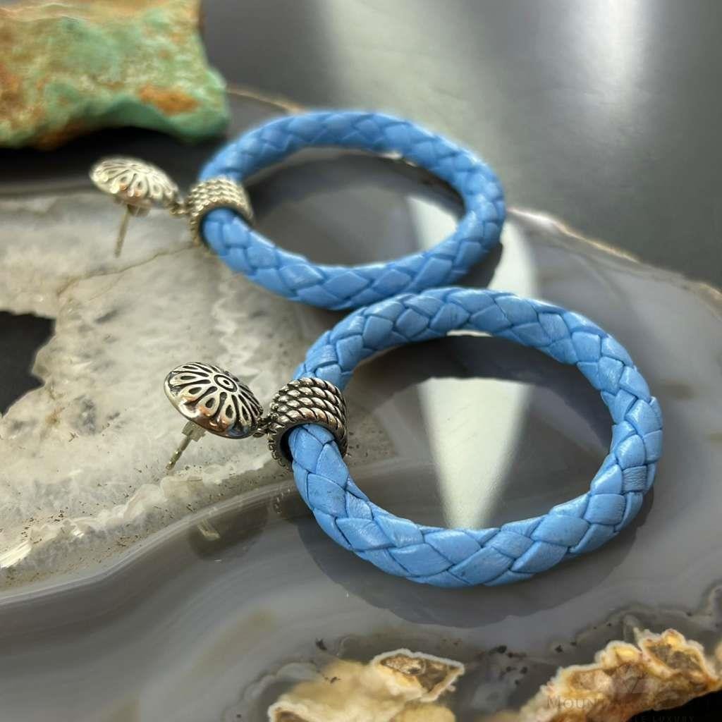 Carolyn Pollack Sterling Silver Light Blue Braided Leather Hoop Earrings For Women