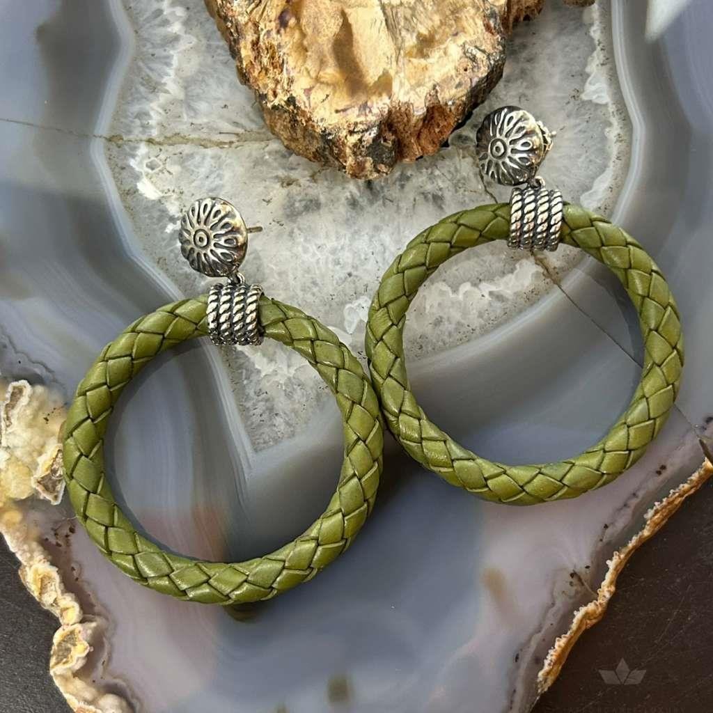 Carolyn Pollack Sterling Silver Olive Green Braided Leather Hoop Earrings For Women