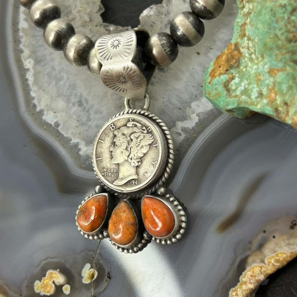 Genuine 1941 90% Silver Mercury Dime Coin w/Teardrop Orange Spiny Oyster Unisex Pendant