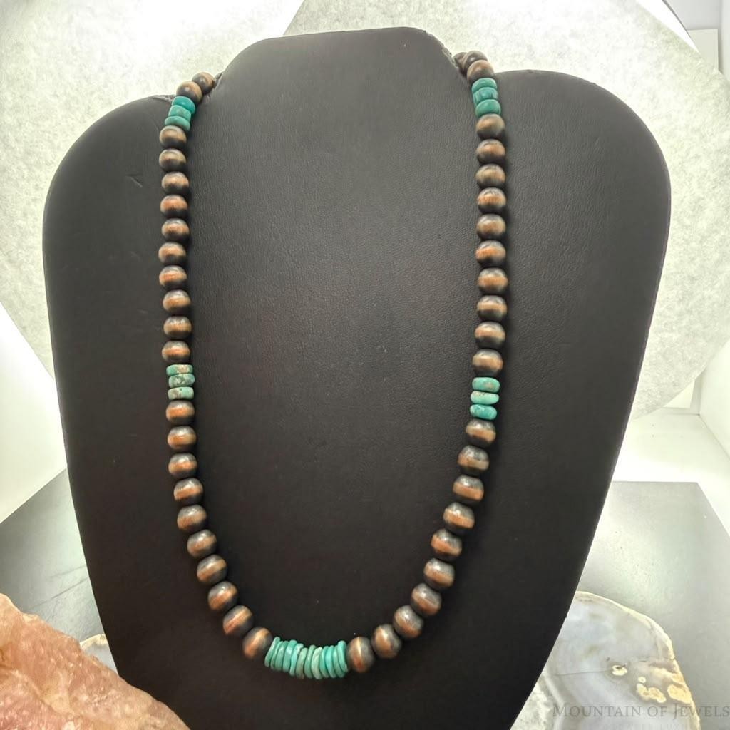 Southwestern Style Copper 8mm Navajo Pearl Beades & Turquoise 18"-20" Necklace For Women