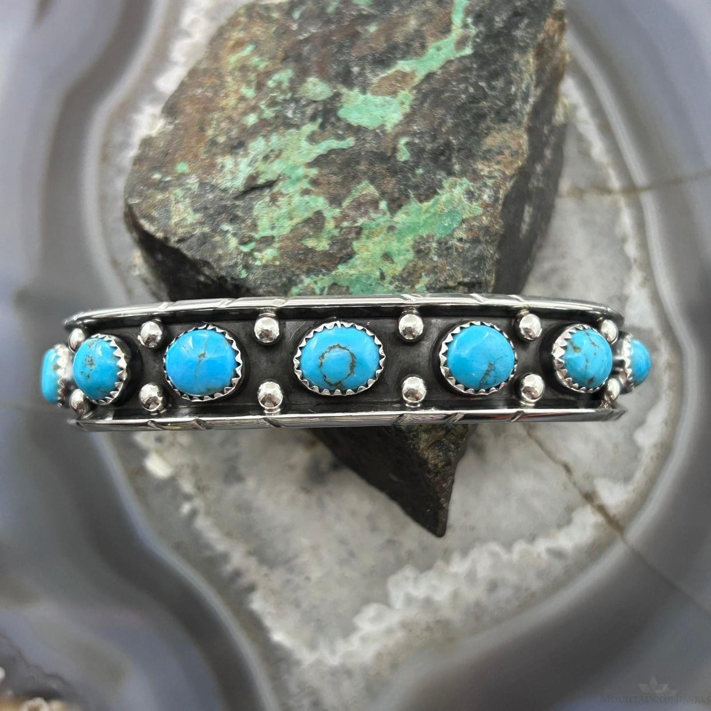 Reed Charley Native Americn Sterling Silver Turquoise Row Bracelet For Women