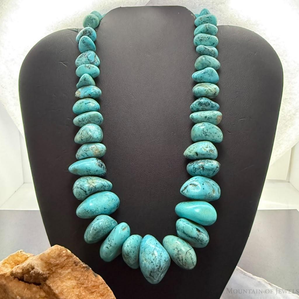 Vintage Sterling Silver Native American Natural Chunky Turquoise 16" Necklace For Women