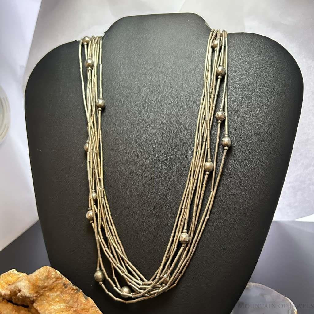 Vintage Sterling Silver 10 Strand Liquid Silver w/Beads 28" Necklace For Women