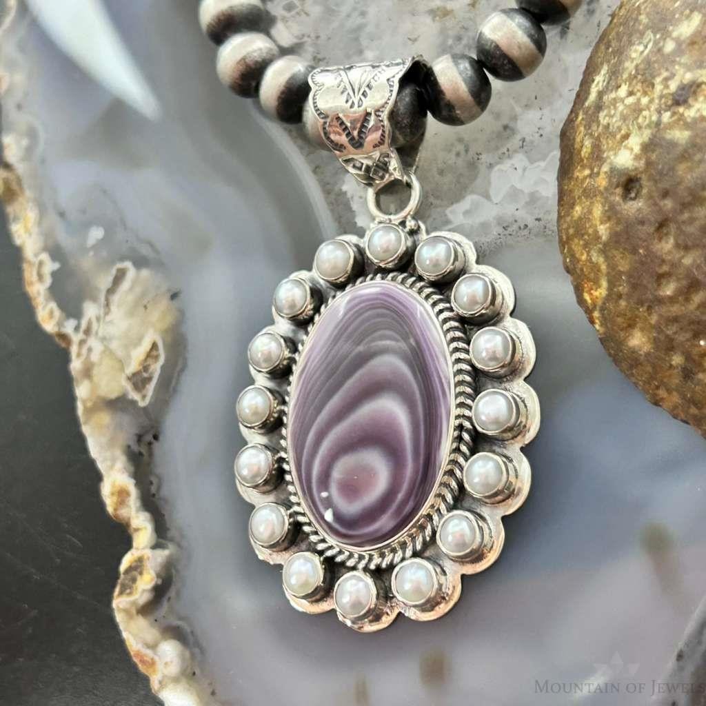 Native American Sterling Silver Oval Phosphosiderite W/Pearls Cluster Pendant For Women