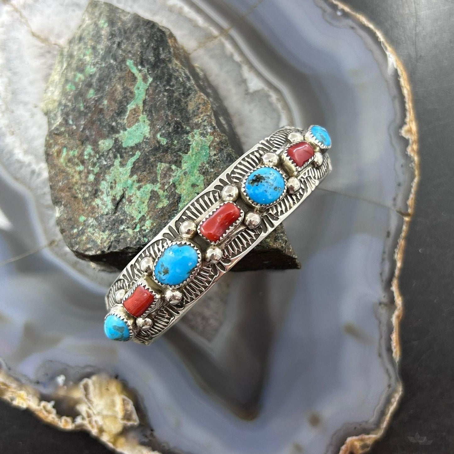 Grace Silver Native Americn Sterling Silver Turquoise & Coral Row Bracelet For Women
