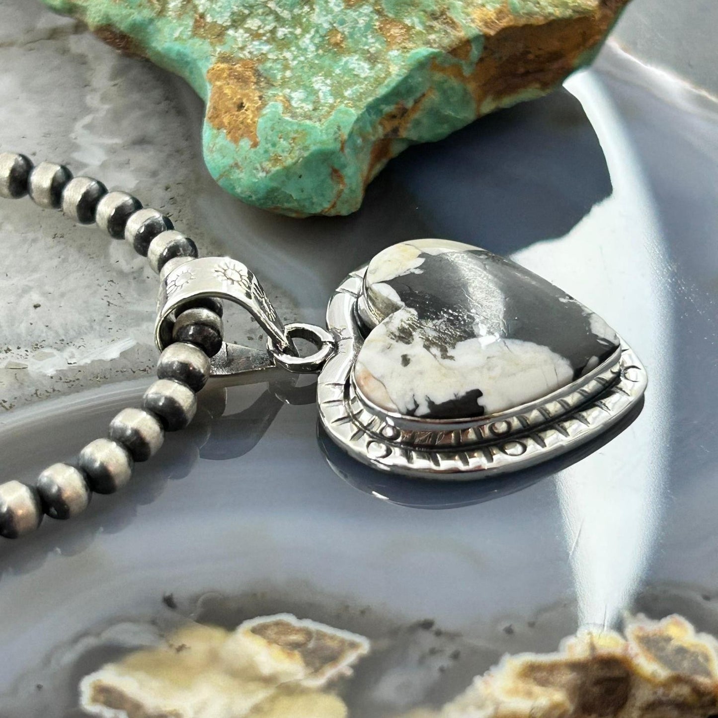 Sterling Silver Southwestern Style White Buffalo Decorated Heart Pendant For Women #2