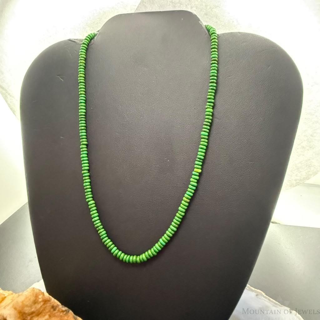 Sterling Silver Southwestern Style Round Green Turquoise Beads 16" Necklace For Women