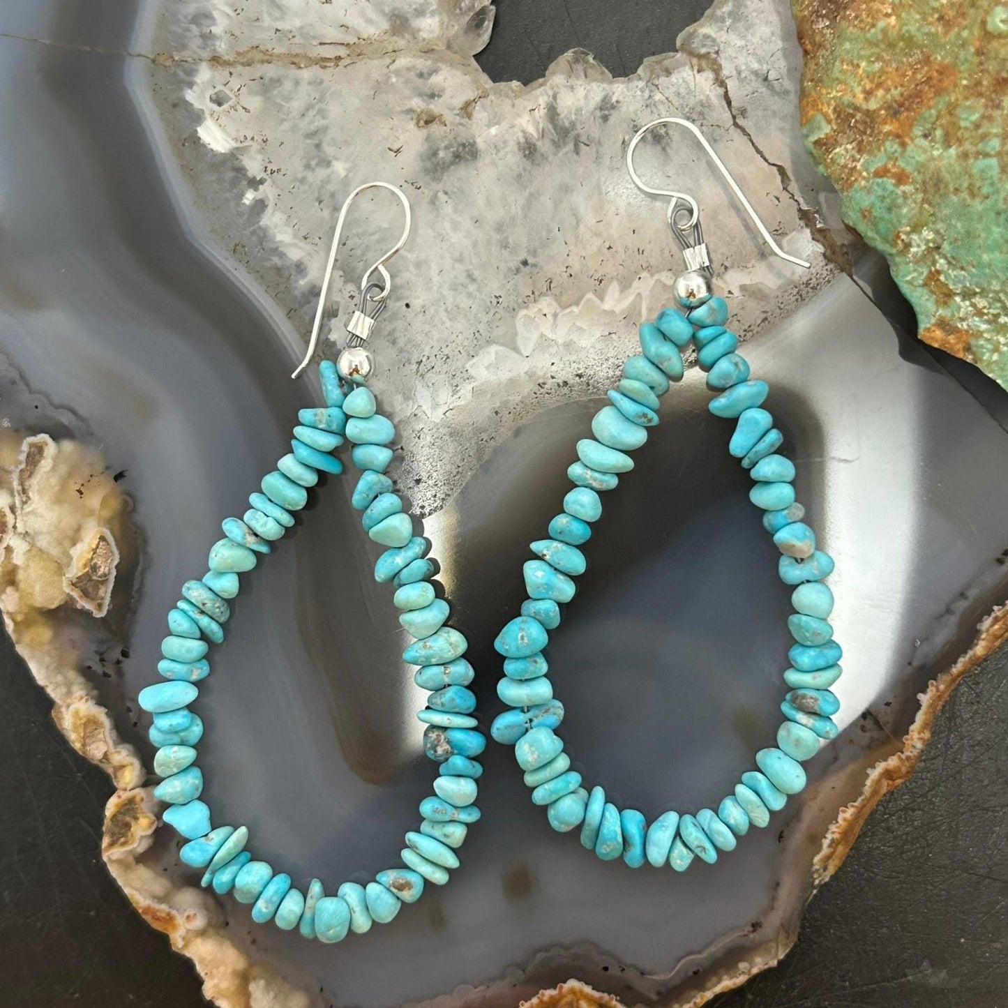 Sterling Silver Blue Natural Turquoise Beads Hoop Earrings For Women