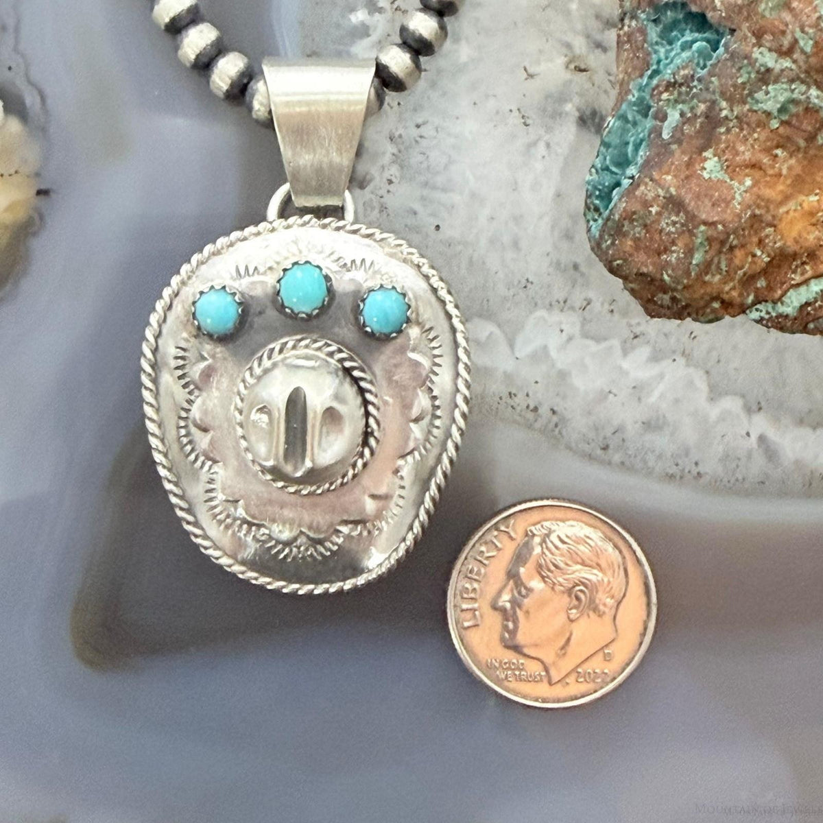 Running Bear Native American Sterling Silver Turquoise Cowboy Hat Unisex Pendant